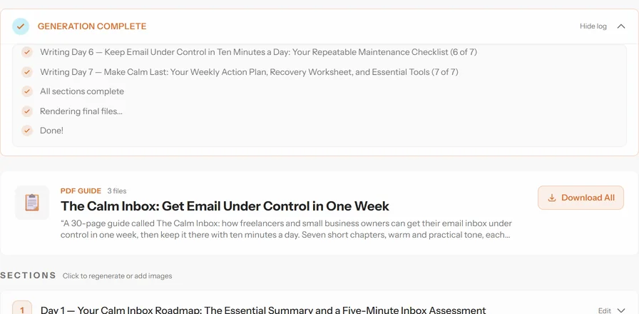 A finished 30-page guide with its files ready to download and its sections listed