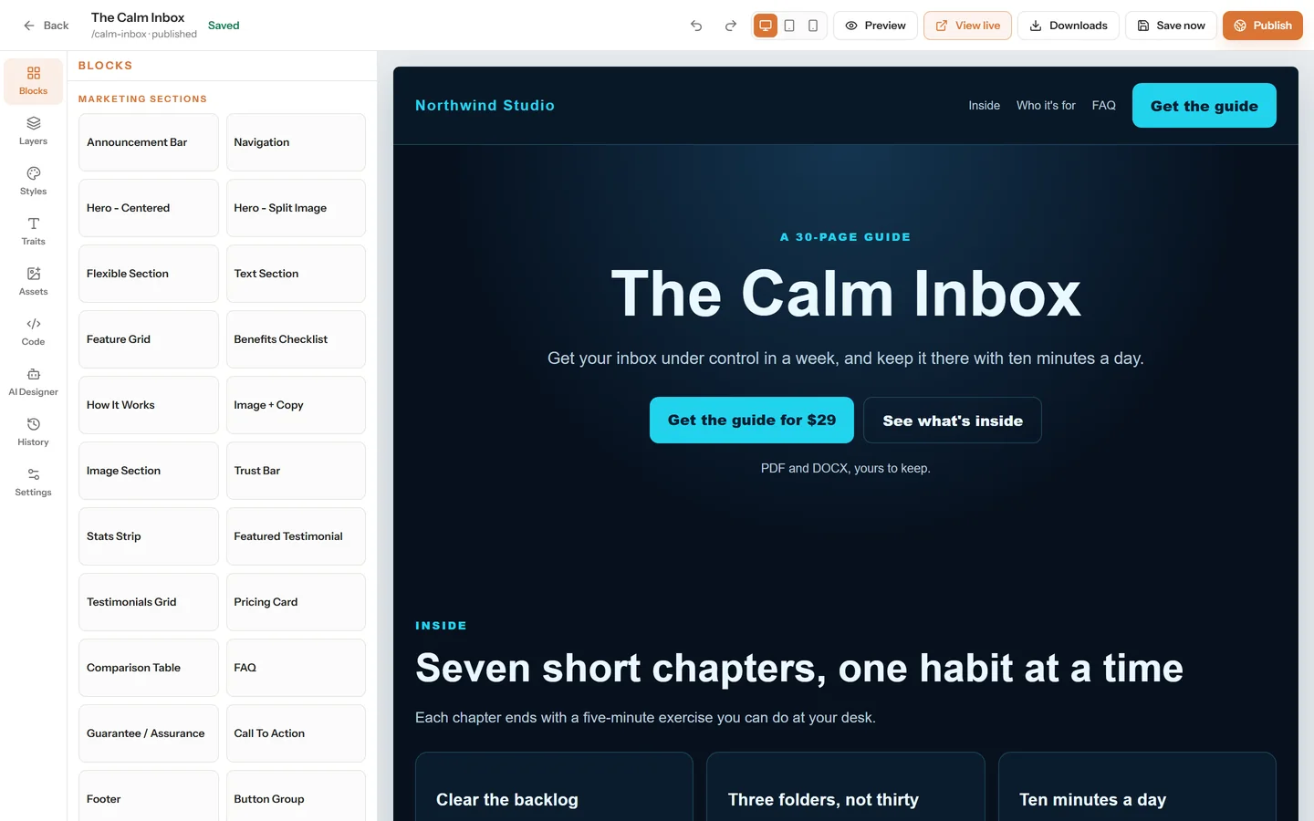 The visual page builder editing a sales page