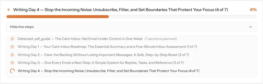 The products generator writing a guide, section by section